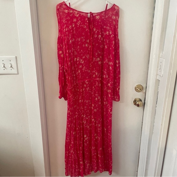 Free People Wallflower Floral Sheer Midi Dress With Slip Red Raspberry Size L - Picture 2 of 8
